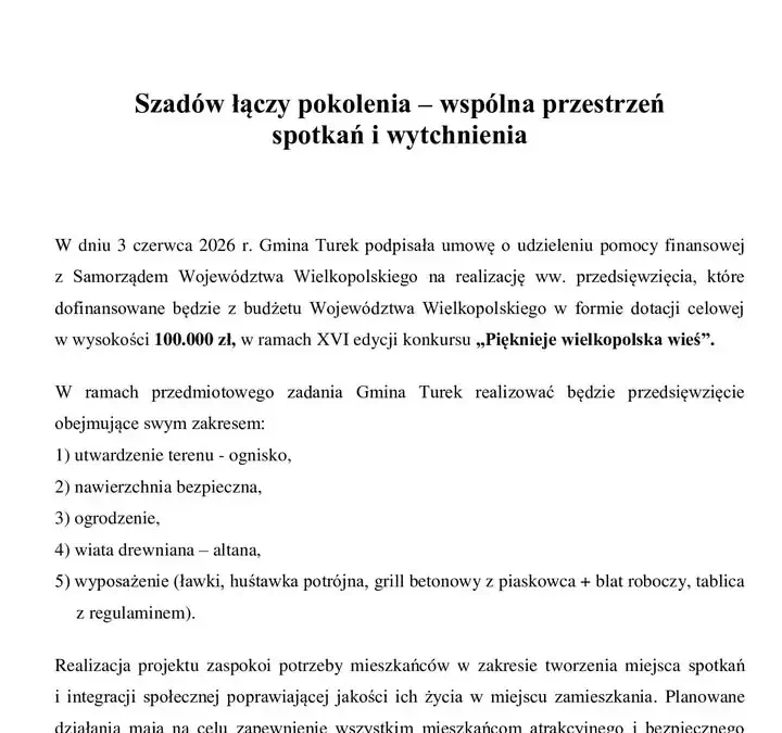 Szadów z nowym miejscem spotkań – gmina Turek pozyskała 100 tys. zł