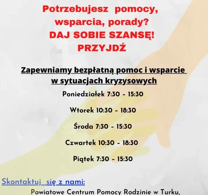 Powiatowe Centrum Pomocy Rodzinie w Turku przypomina o wsparciu dla osób w kryzysie