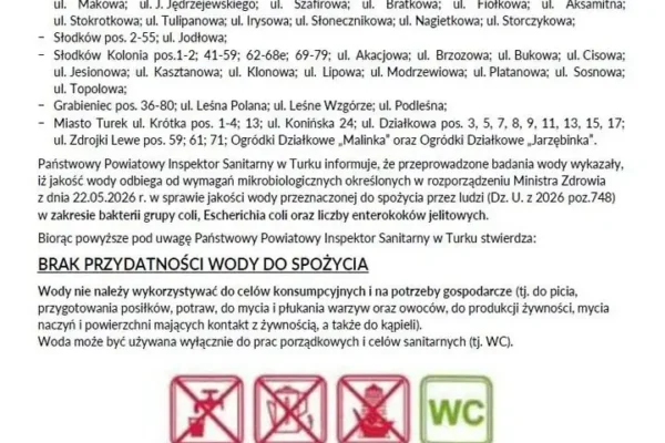 Komunikat sanepidu w Turku: woda w kilku miejscowościach niezdatna do picia