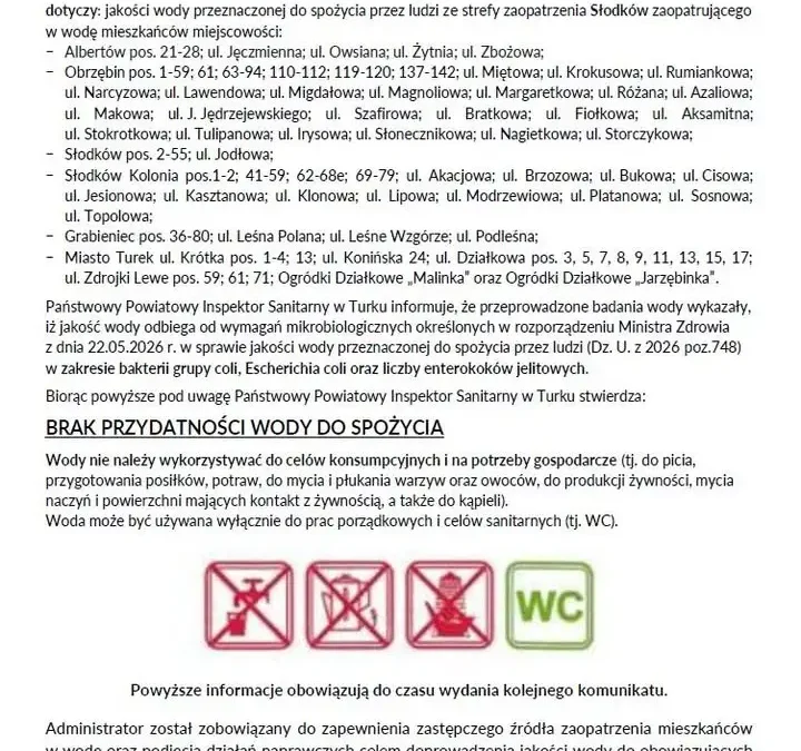 Komunikat sanepidu w Turku: woda w kilku miejscowościach niezdatna do picia