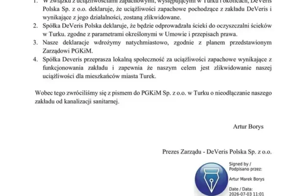DeVeris Polska przeprasza za uciążliwości zapachowe i deklaruje ich likwidację
