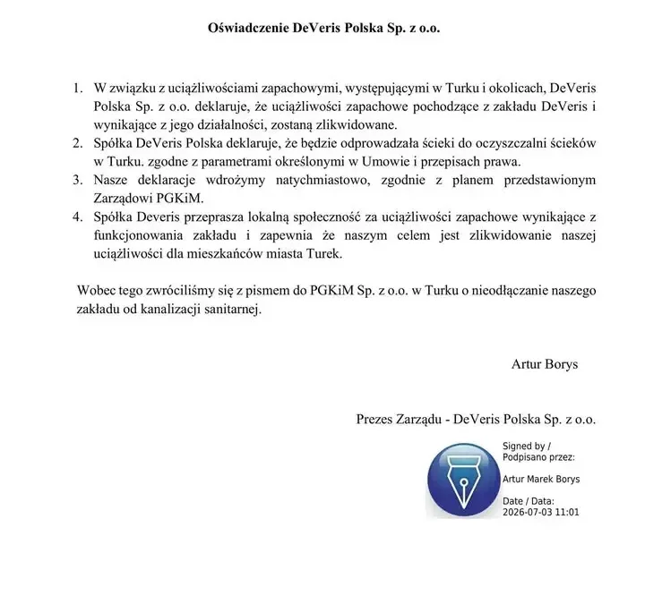 DeVeris Polska przeprasza za uciążliwości zapachowe i deklaruje ich likwidację