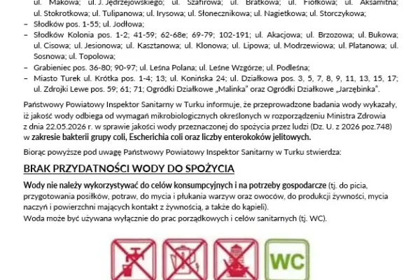 Brak przydatności wody do spożycia w kilku miejscowościach gminy Turek