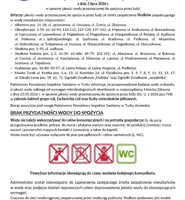 Brak przydatności wody do spożycia w kilku miejscowościach gminy Turek