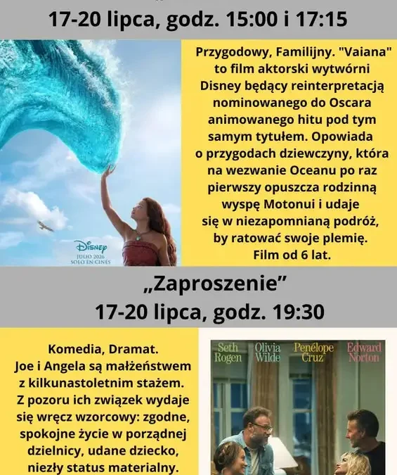 Kino Tur zaprasza na filmy „Vaiana” i „Zaproszenie” w dniach 17-20 lipca