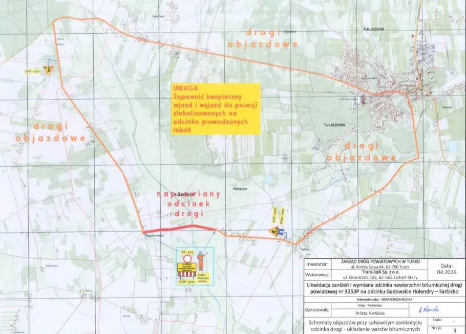 Utrudnienia na drodze powiatowej nr 3253P: zamknięcie odcinka Gadowskie Holendry – Sarbicko