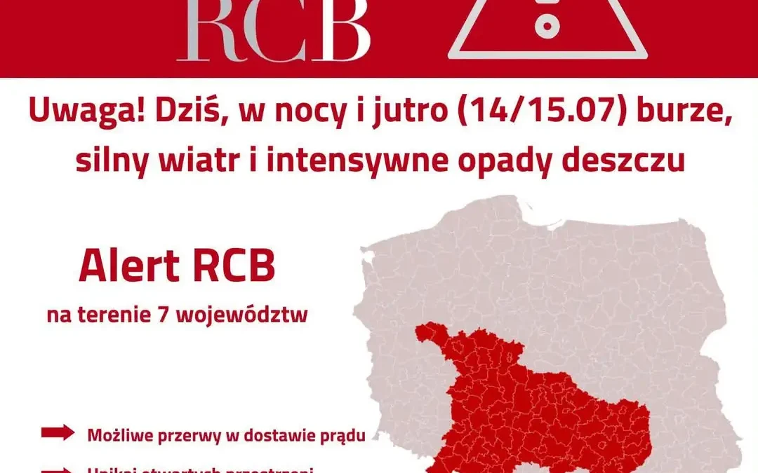 Alert RCB: Burze, silny wiatr i intensywne opady deszczu 14/15 lipca