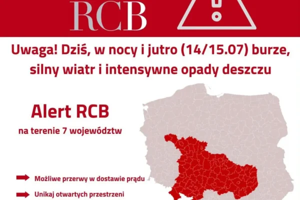 Alert RCB: Burze, silny wiatr i intensywne opady deszczu 14/15 lipca