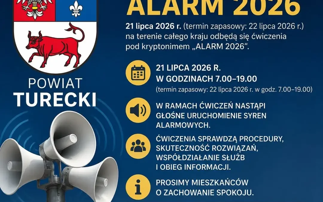 Ogólnopolskie ćwiczenia ALARM 2026 – syreny zawyją w powiecie tureckim