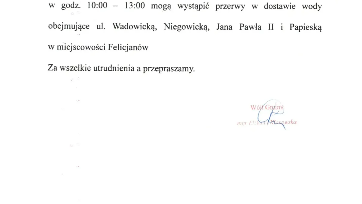Planowane przerwy w dostawie wody w Felicjanowie 17 lipca