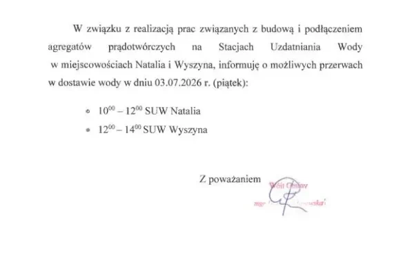 Przerwy w dostawie wody w Natalii i Wyszynie 3 lipca