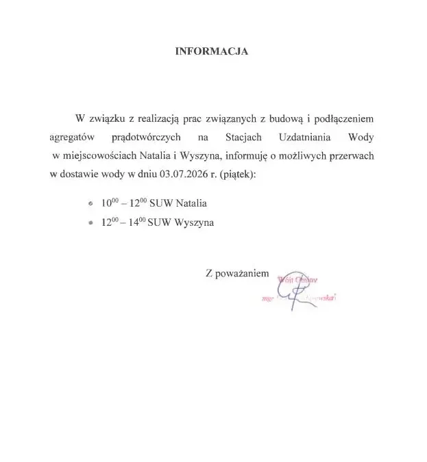 Przerwy w dostawie wody w Natalii i Wyszynie 3 lipca