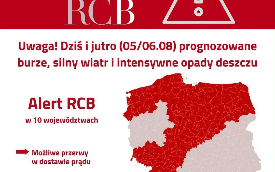 Ostrzeżenie RCB przed burzami i silnym wiatrem w powiecie tureckim (5–6 sierpnia)