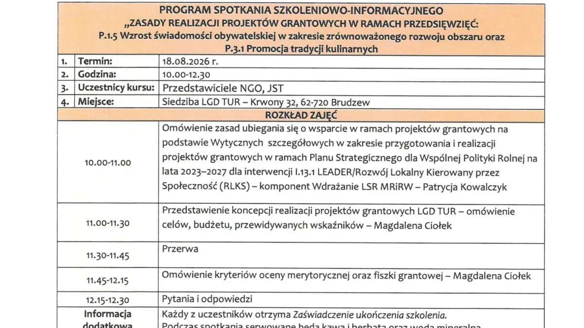 Spotkanie informacyjno-szkoleniowe o grantach TUR – 18 sierpnia w Krwonach