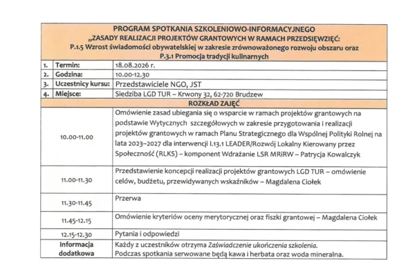Spotkanie informacyjno-szkoleniowe o grantach TUR – 18 sierpnia w Krwonach