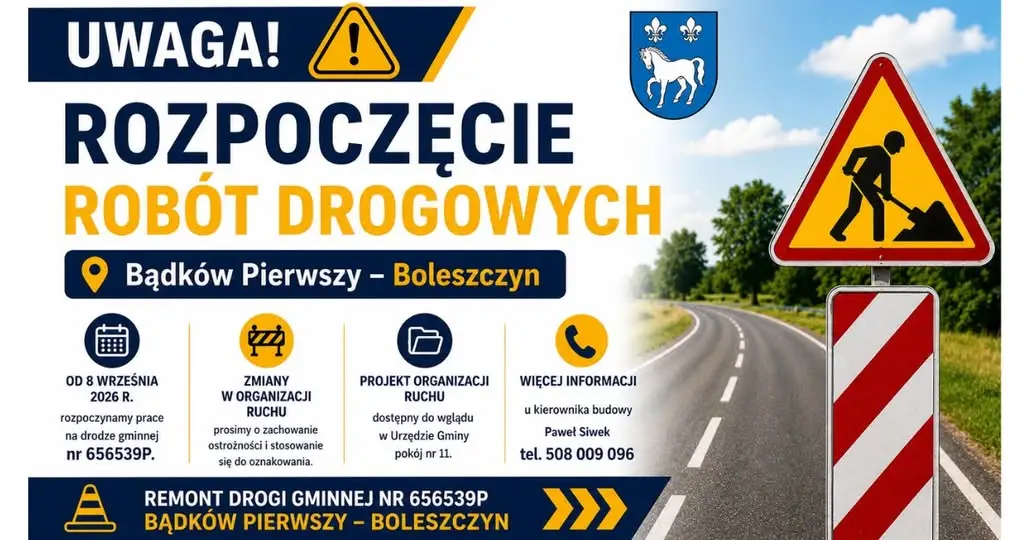 Od 8 września ruszają roboty drogowe na trasie Bądków Pierwszy – Boleszczyn