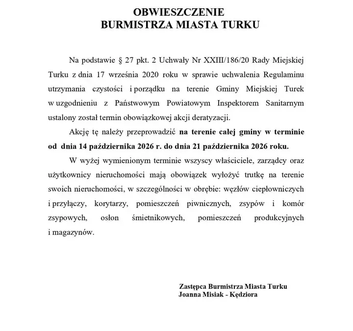 Turek: obowiązkowa deratyzacja od 14 do 21 października 2026