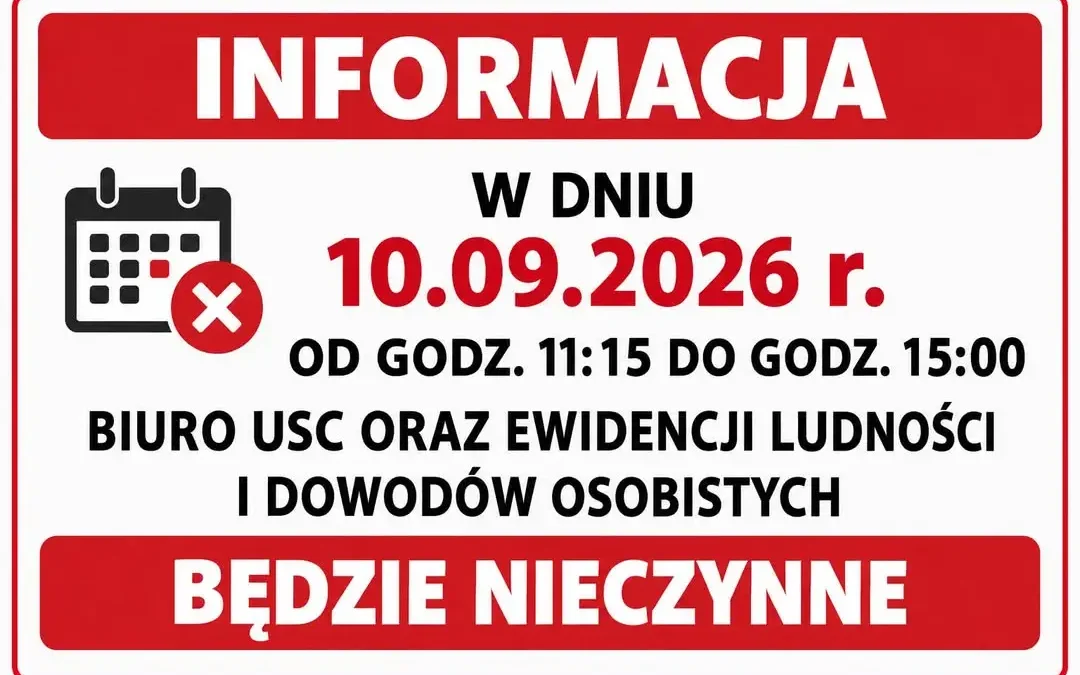 Utrudnienia w urzędzie: 10 września biuro USC i ewidencji będzie nieczynne