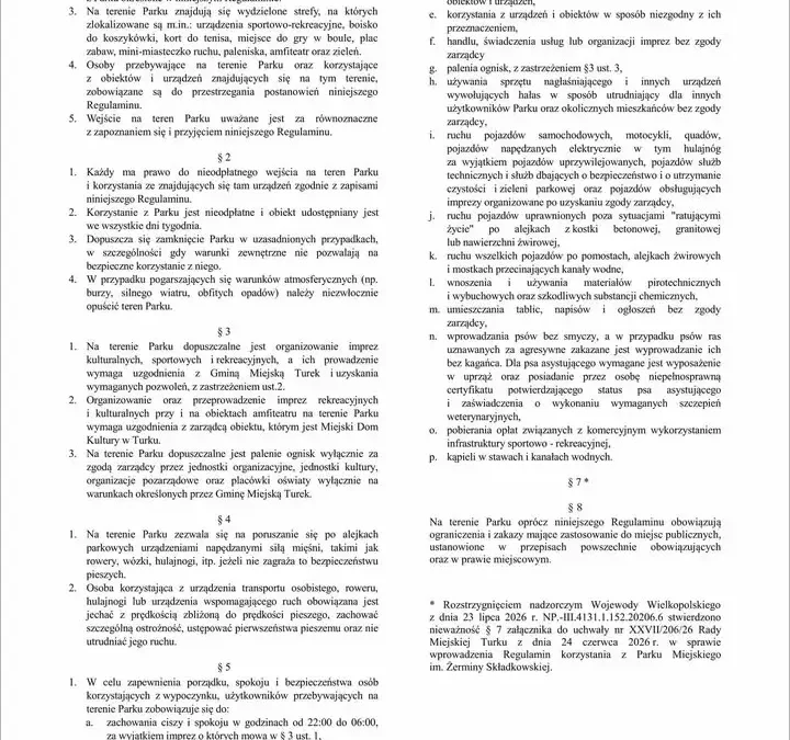 Turek: Park Miejski im. Żerminy Składkowskiej z nowym regulaminem