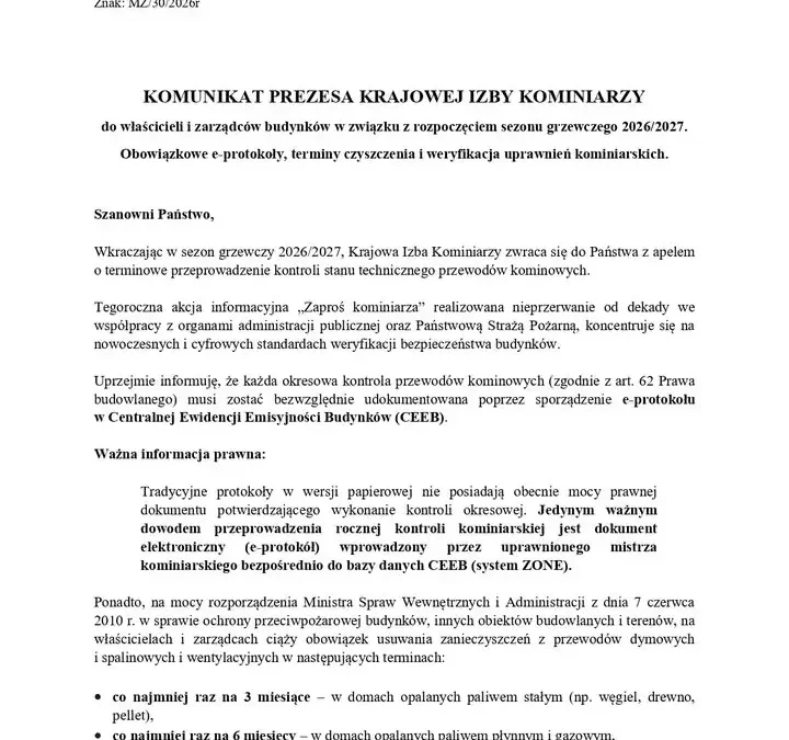 Sezon grzewczy 2026/2027 startuje – gmina przypomina o przeglądach kominowych