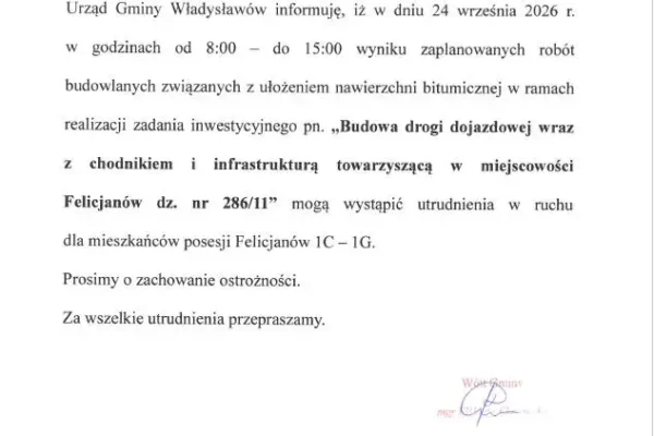 Utrudnienia w ruchu w Felicjanowie – trwa układanie nawierzchni bitumicznej