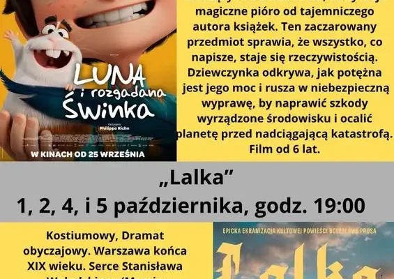 Kino Tur zaprasza na październikowe seanse: „Luna i rozgadana świnka” oraz „Lalka”