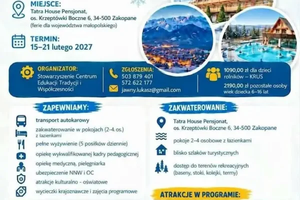 Zimowisko 2027 w Zakopanem dla dzieci rolników – ruszyły zapisy