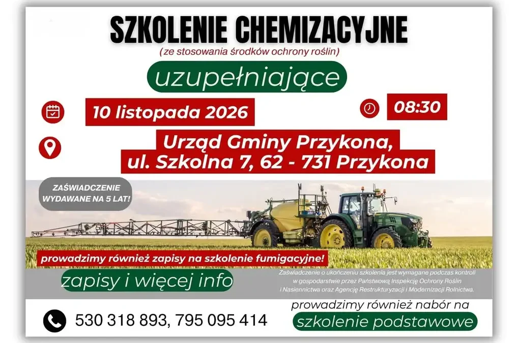 Szkolenie chemizacyjne dla rolników w Przykonie – zapisy trwają