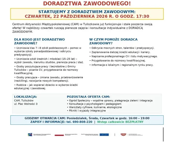 Tuliszków: rusza bezpłatne doradztwo zawodowe w Centrum Aktywności Międzypokoleniowej