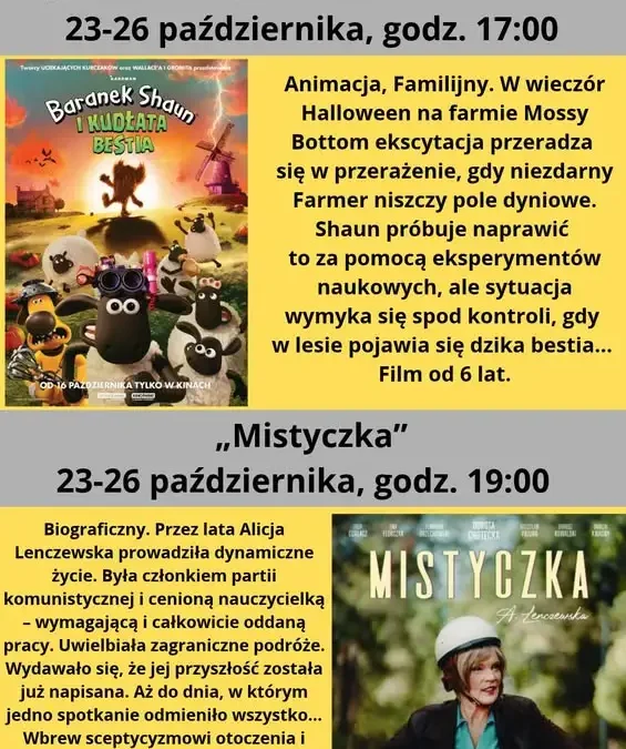 Kino Tur w Turku zaprasza na październikowe seanse: „Baranek Shaun” i „Mistyczka”